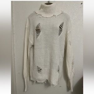 Caren Sport Womens Sweater Size 2X Cream Distressed Boho Grunge High Neck